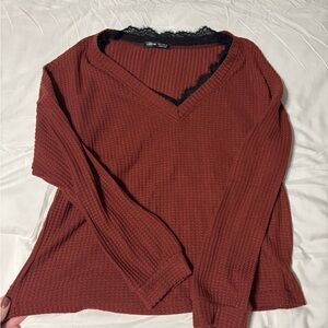 SHEIN Rust V-Neck Sweater with Lace Detail